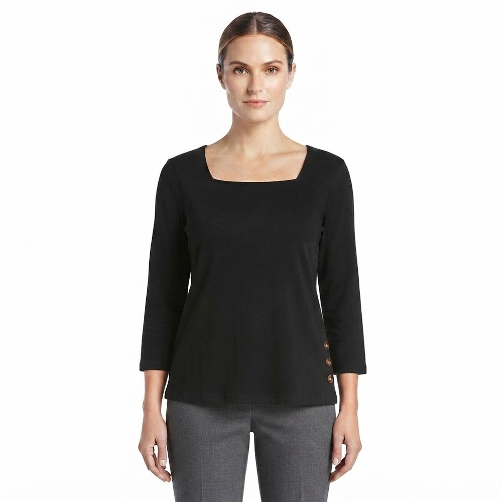 Chicos The Ultimate Tee Shirt Womans XL 3 Black Cotton Square Neck 3/4 Sleeve